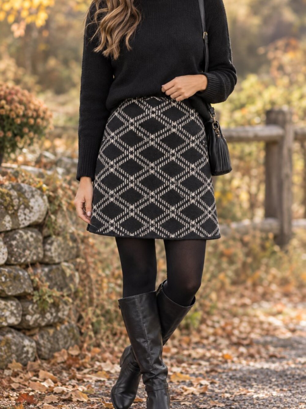 Krimson Klover 100% Wool Geometric Knit Skirt Black Ivory Fair Isle Medium